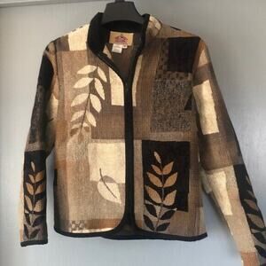 Barn Fly Ranch Collection Jacket Womens Small Brown Leaf Tapestry Artsy Full Zip